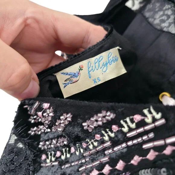 Fillyboo Kiss From A Rose Bias Maxi Dress Black Beaded Velvet Lace Size XS - Picture 4 of 10